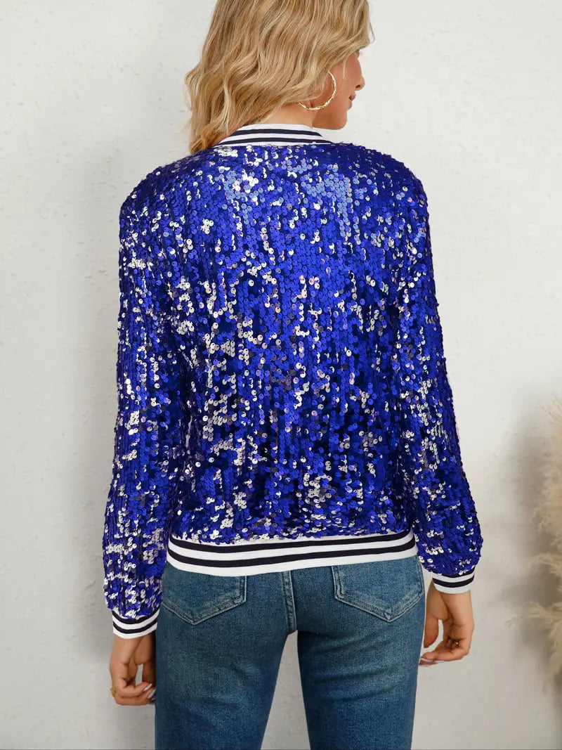 Veste Bomber à Rayures avec Sequins Contrastés – Veste Zippée Streetwear pour Femme – SparkStripe
