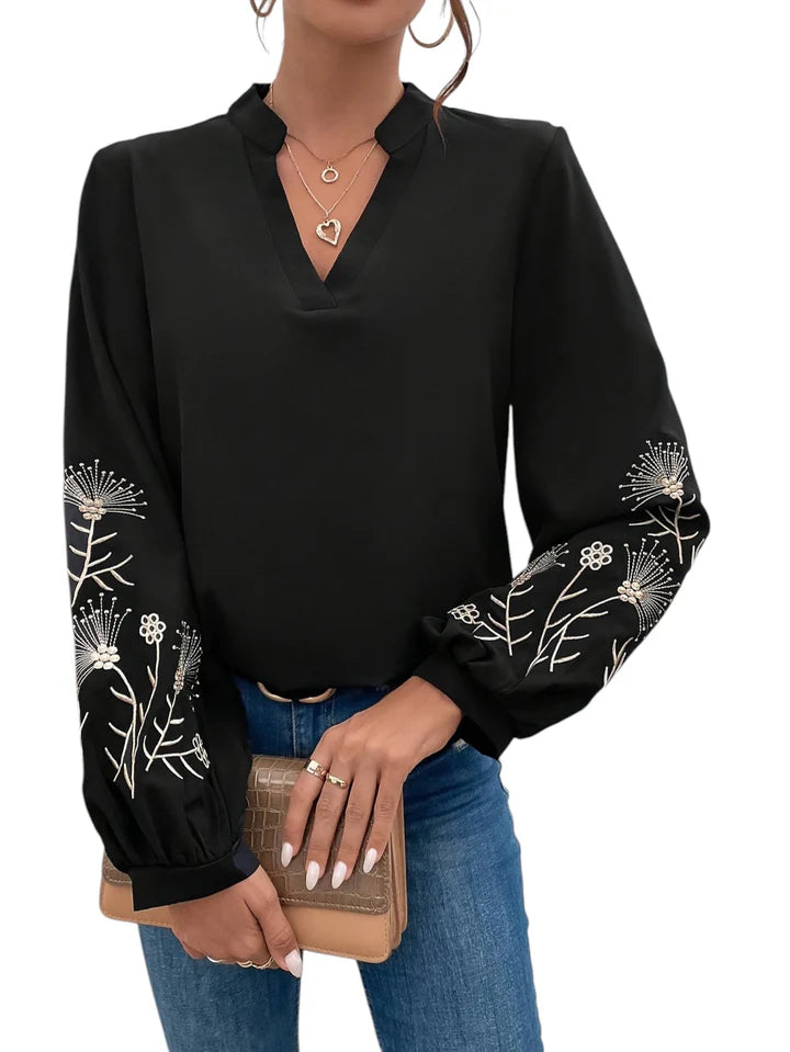 Chemise brodée à col en V à manches longues
