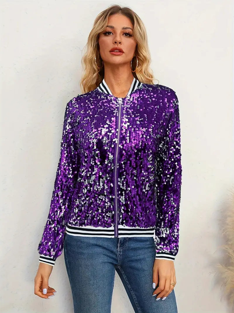 Veste Bomber à Rayures avec Sequins Contrastés – Veste Zippée Streetwear pour Femme – SparkStripe