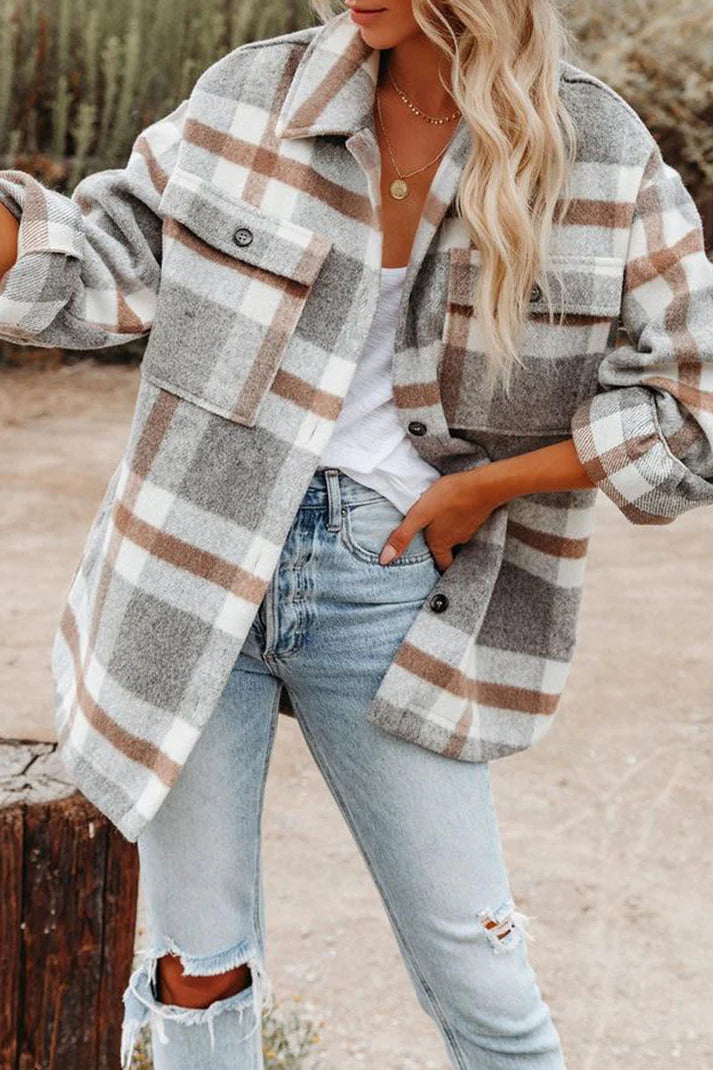 Kera - Veste à Col Revers en Plaid pour Femme