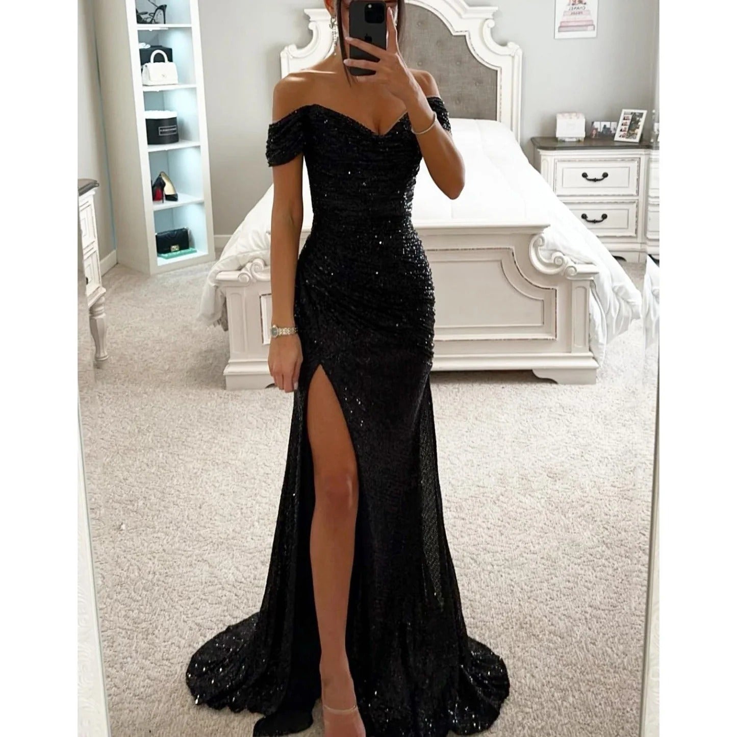 Robe de Soirée d'Été pour Femme – Robe Maxi Sans Épaules avec Paillettes et Fente pour Mariage et Fête - Clara