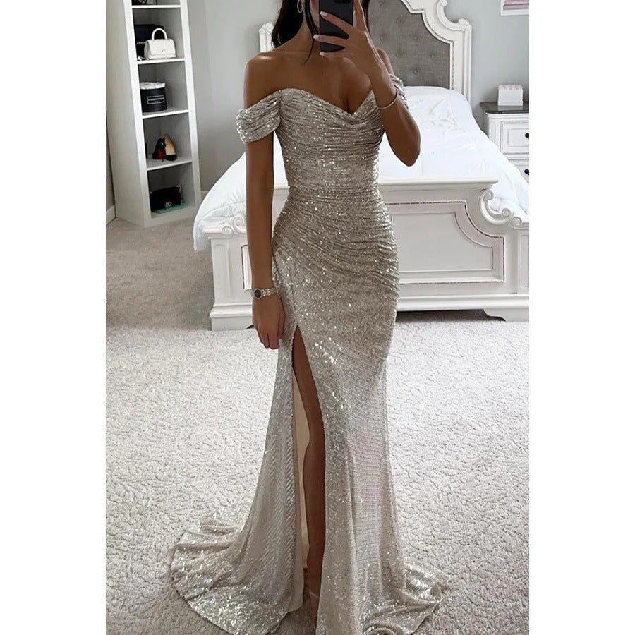 Robe de Soirée d'Été pour Femme – Robe Maxi Sans Épaules avec Paillettes et Fente pour Mariage et Fête - Clara