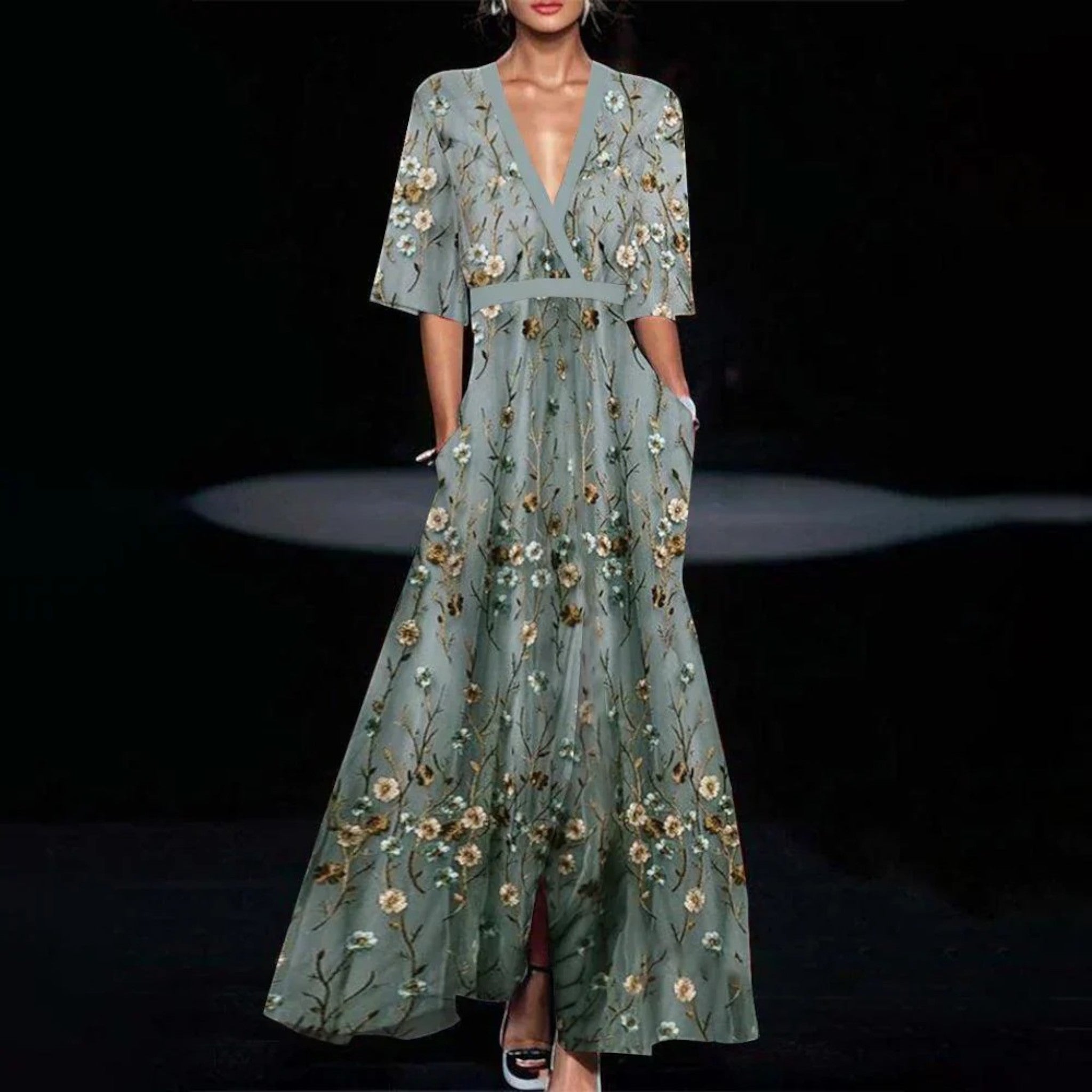 Lyra | Robe Brodée Élégante À Col V Pour Femmes | Maxi