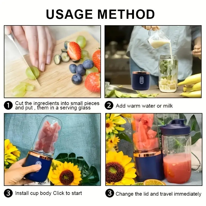 Blender et Extracteur de Jus 2-en-1 Portable, 6 Lames, Chargement USB, Double Tasses