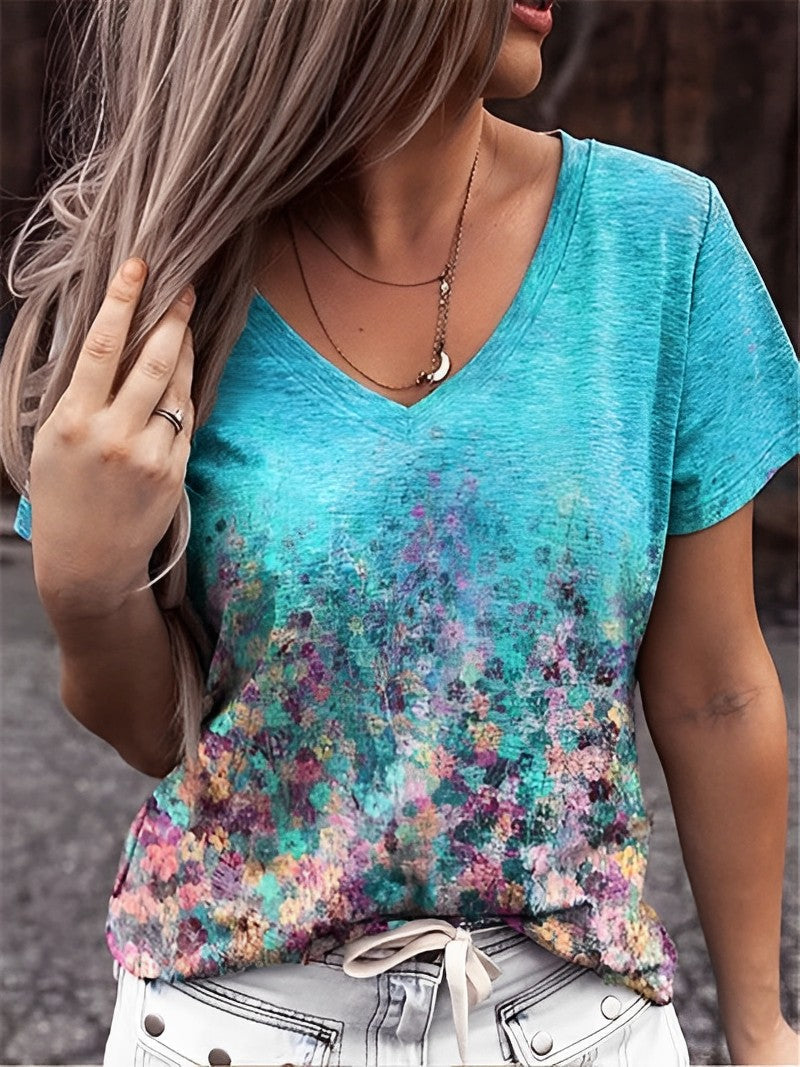 Emilia | T-shirt Décontracté À Col En V Et Imprimé Floral Pour Femmes