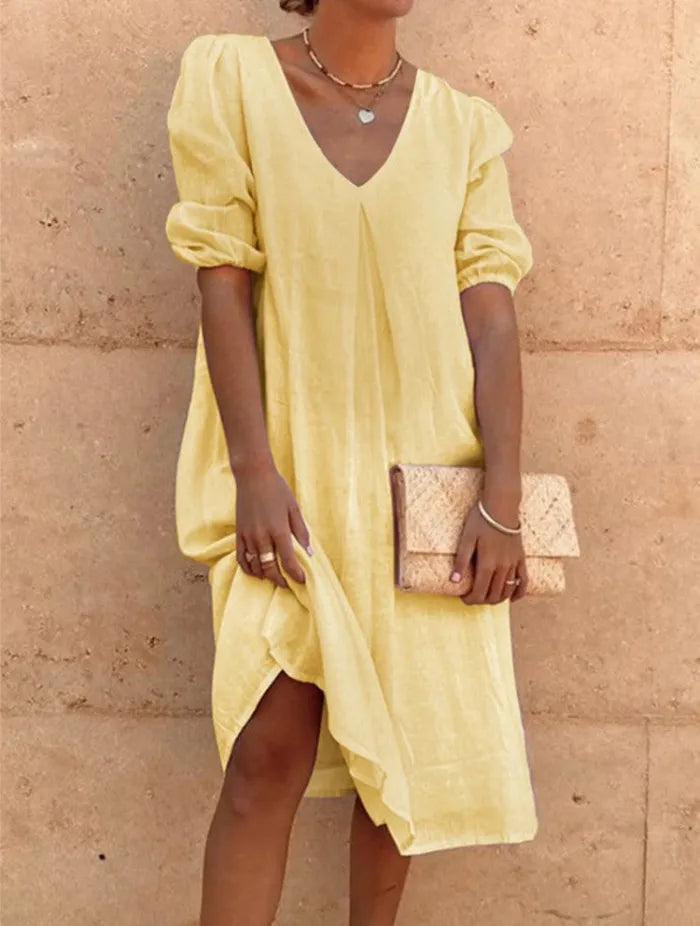 Élina | Robe D'été Décontractée À Col V Et Manches Bouffantes Pour Femmes