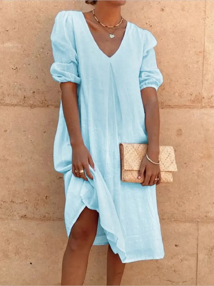 Élina | Robe D'été Décontractée À Col V Et Manches Bouffantes Pour Femmes