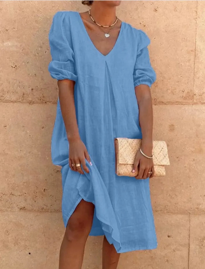 Élina | Robe D'été Décontractée À Col V Et Manches Bouffantes Pour Femmes
