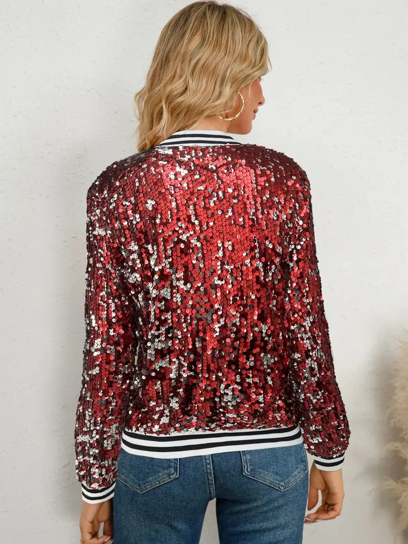 Veste Bomber à Rayures avec Sequins Contrastés – Veste Zippée Streetwear pour Femme – SparkStripe