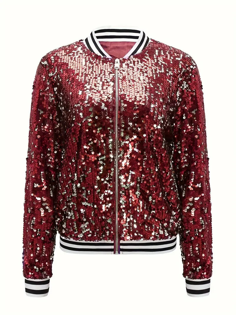 Veste Bomber à Rayures avec Sequins Contrastés – Veste Zippée Streetwear pour Femme – SparkStripe