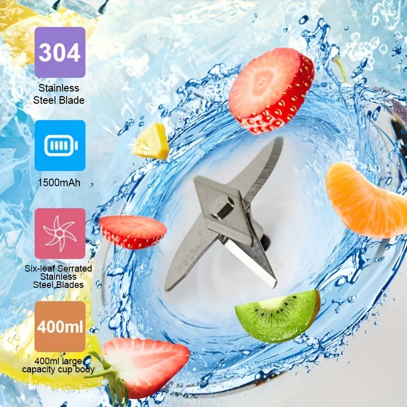 Blender et Extracteur de Jus 2-en-1 Portable, 6 Lames, Chargement USB, Double Tasses