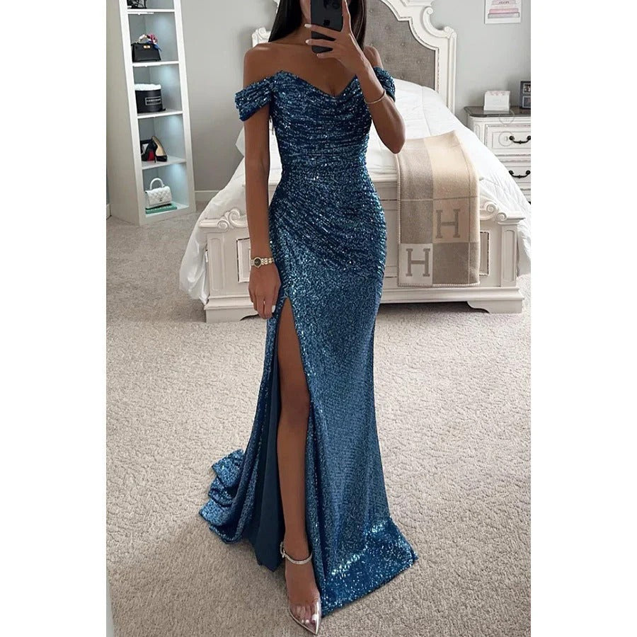 Robe de Soirée d'Été pour Femme – Robe Maxi Sans Épaules avec Paillettes et Fente pour Mariage et Fête - Clara