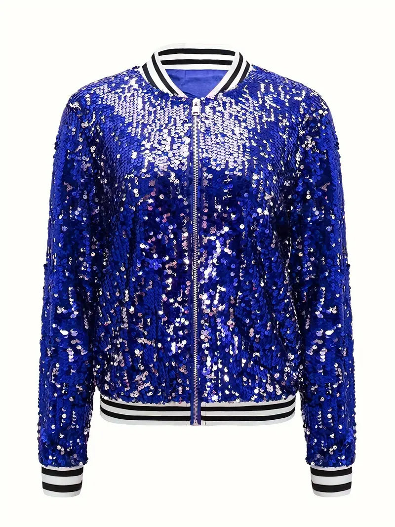 Veste Bomber à Rayures avec Sequins Contrastés – Veste Zippée Streetwear pour Femme – SparkStripe