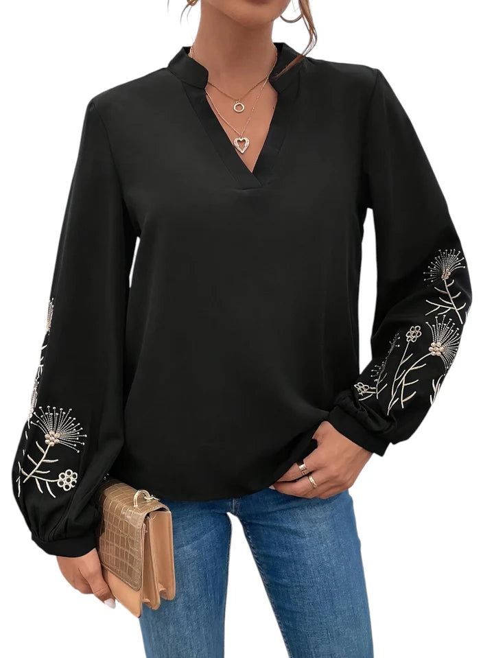 Chemise brodée à col en V à manches longues