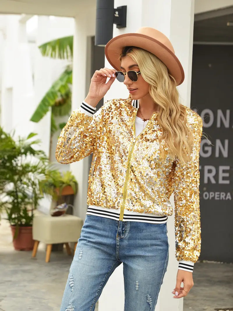 Veste Bomber à Rayures avec Sequins Contrastés – Veste Zippée Streetwear pour Femme – SparkStripe