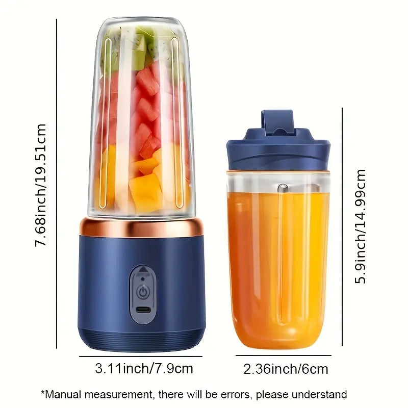 Blender et Extracteur de Jus 2-en-1 Portable, 6 Lames, Chargement USB, Double Tasses