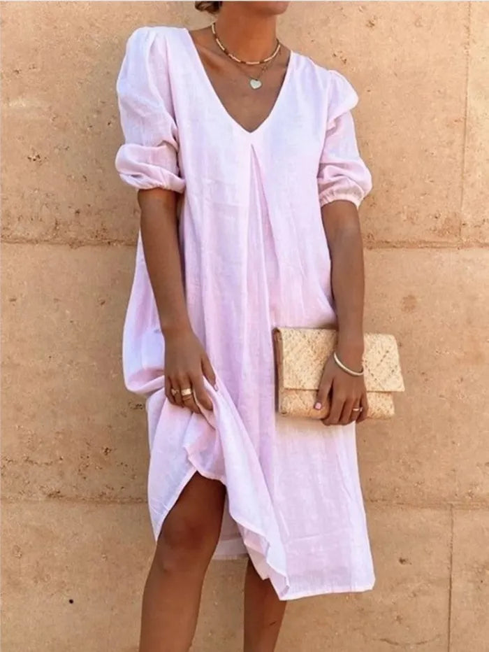 Élina | Robe D'été Décontractée À Col V Et Manches Bouffantes Pour Femmes
