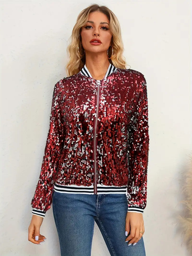 Veste Bomber à Rayures avec Sequins Contrastés – Veste Zippée Streetwear pour Femme – SparkStripe