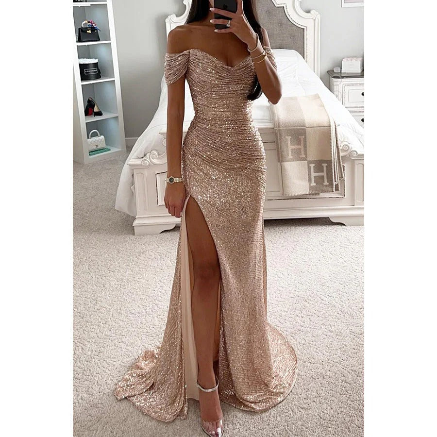 Robe de Soirée d'Été pour Femme – Robe Maxi Sans Épaules avec Paillettes et Fente pour Mariage et Fête - Clara