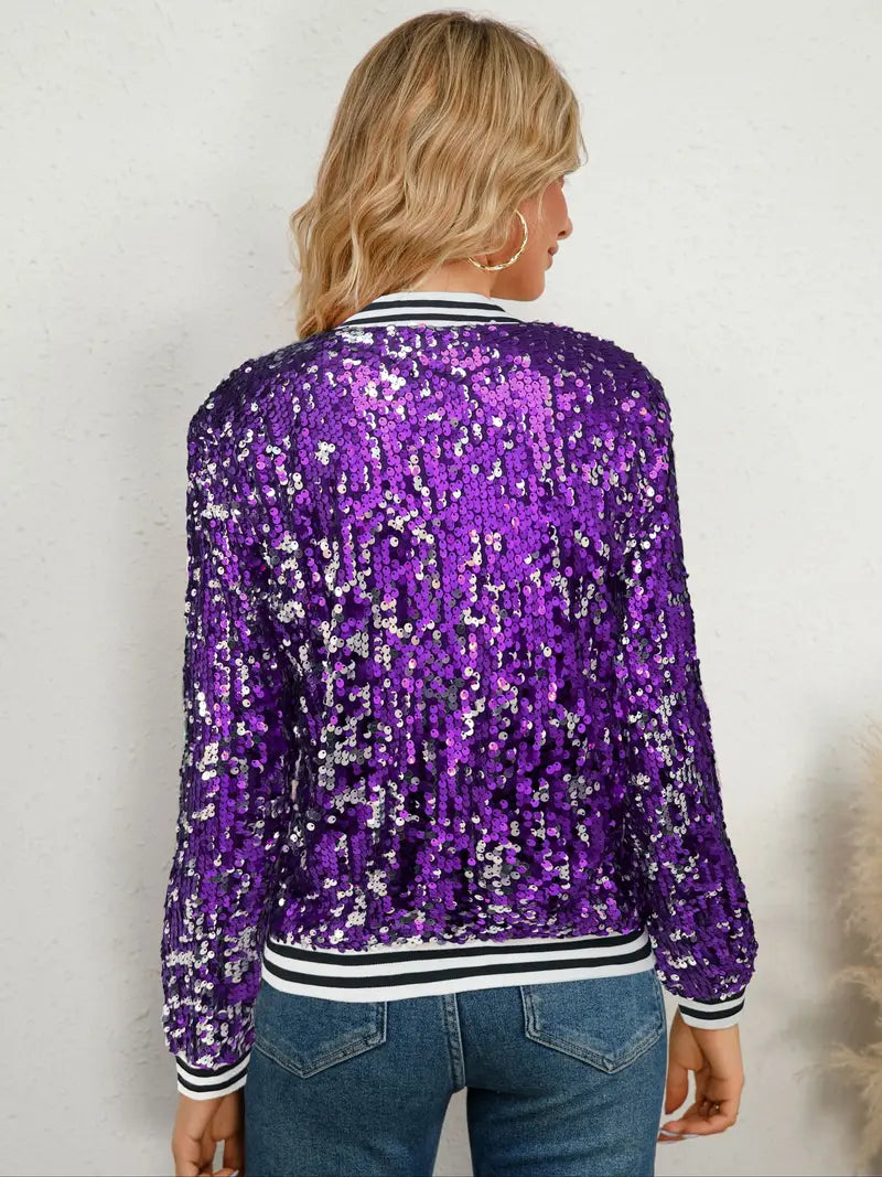 Veste Bomber à Rayures avec Sequins Contrastés – Veste Zippée Streetwear pour Femme – SparkStripe