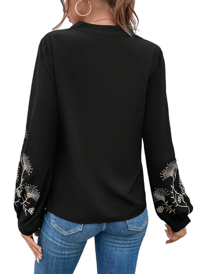 Chemise brodée à col en V à manches longues