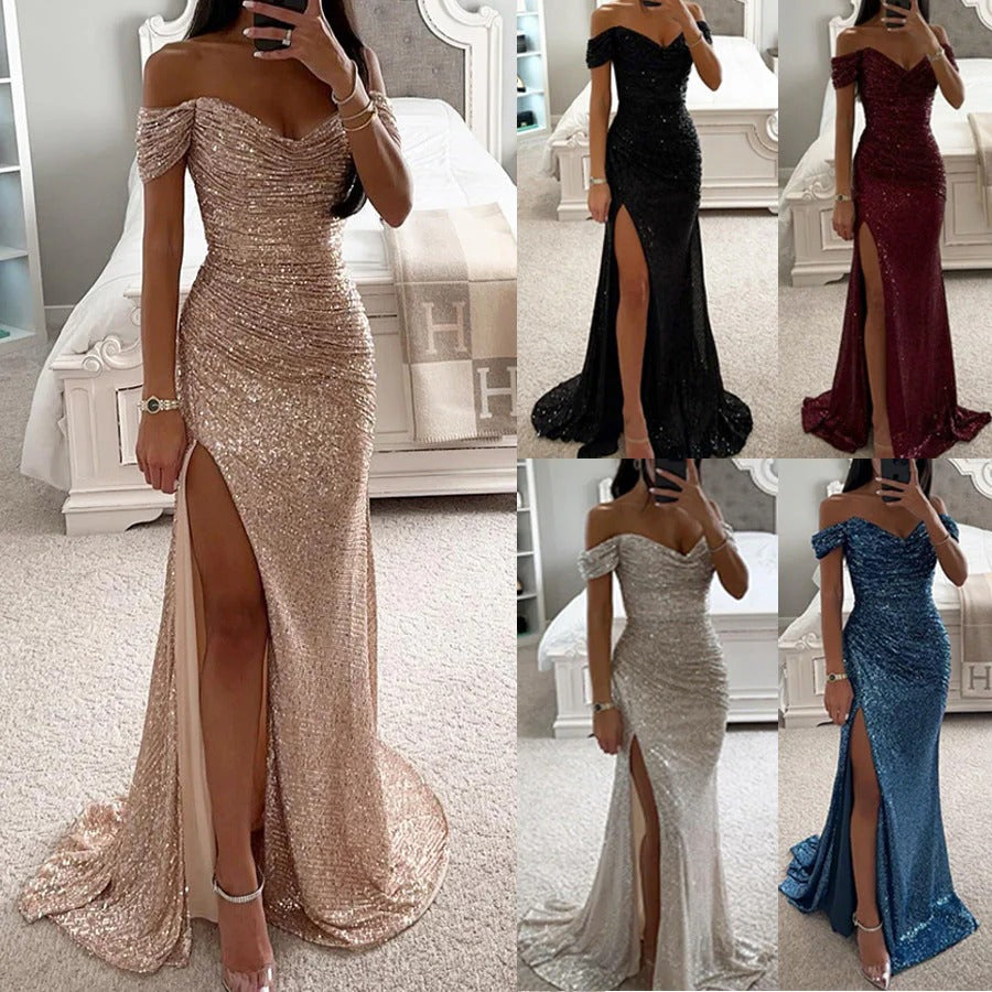 Robe de Soirée d'Été pour Femme – Robe Maxi Sans Épaules avec Paillettes et Fente pour Mariage et Fête - Clara