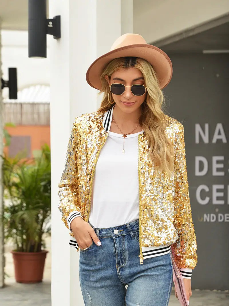 Veste Bomber à Rayures avec Sequins Contrastés – Veste Zippée Streetwear pour Femme – SparkStripe
