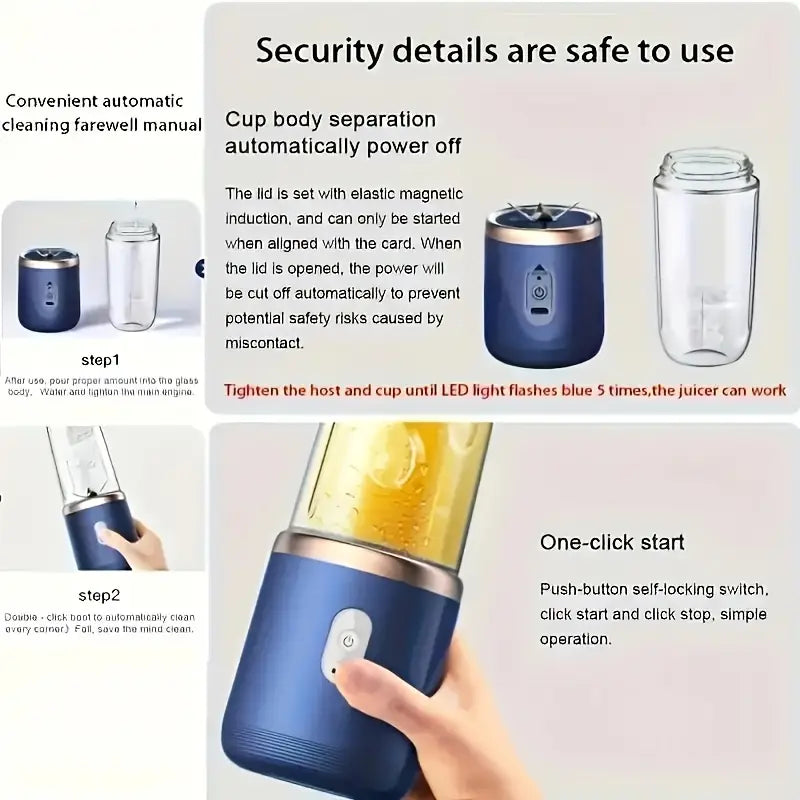 Blender et Extracteur de Jus 2-en-1 Portable, 6 Lames, Chargement USB, Double Tasses