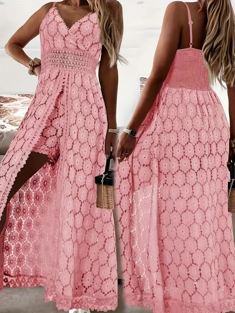 Combinaison Élégante en Dentelle pour Femme – Col en V, Longue, Sans Manches, Couleur Unie – Vneck Elegance