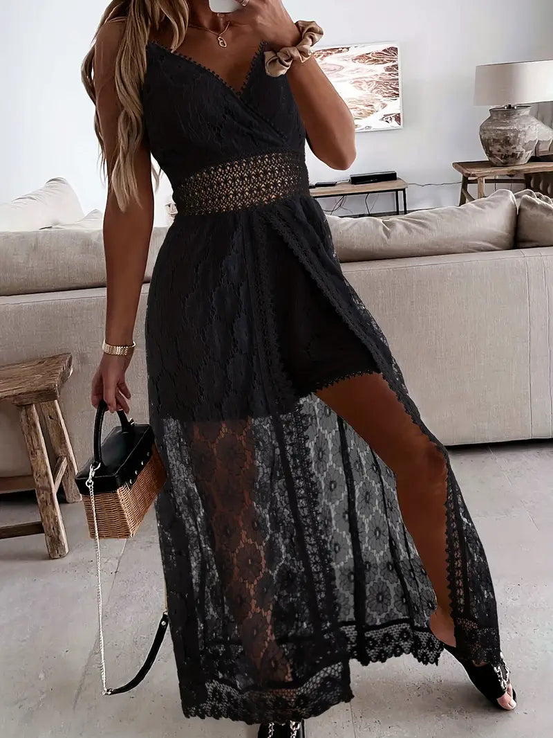 Combinaison Élégante en Dentelle pour Femme – Col en V, Longue, Sans Manches, Couleur Unie – Vneck Elegance