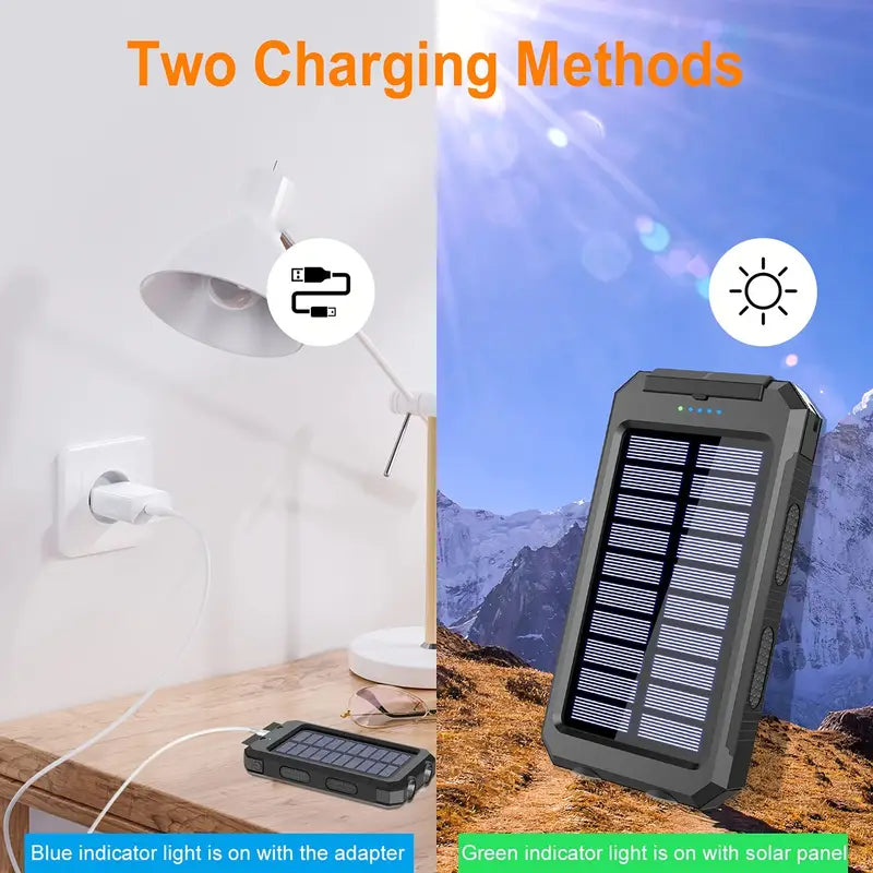 Banque d'Alimentation Solaire Ultra-Haute Capacité 8000mAh – Chargeur Solaire Portable avec Double Lampe LED