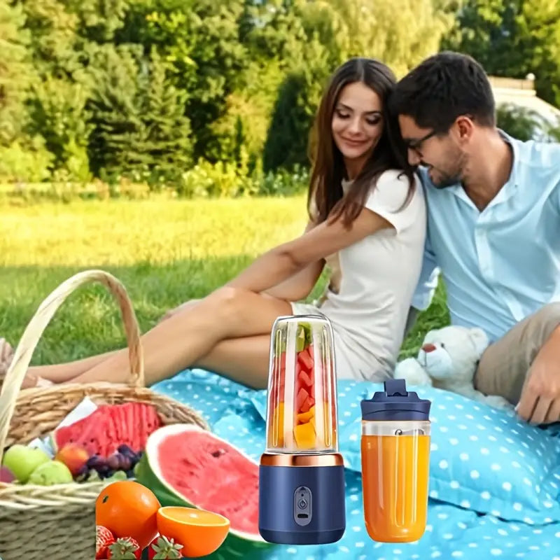 Blender et Extracteur de Jus 2-en-1 Portable, 6 Lames, Chargement USB, Double Tasses