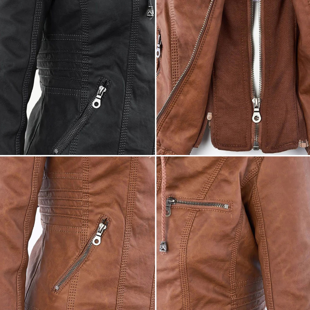 Amélie - Veste en cuir pour femme avec capuche