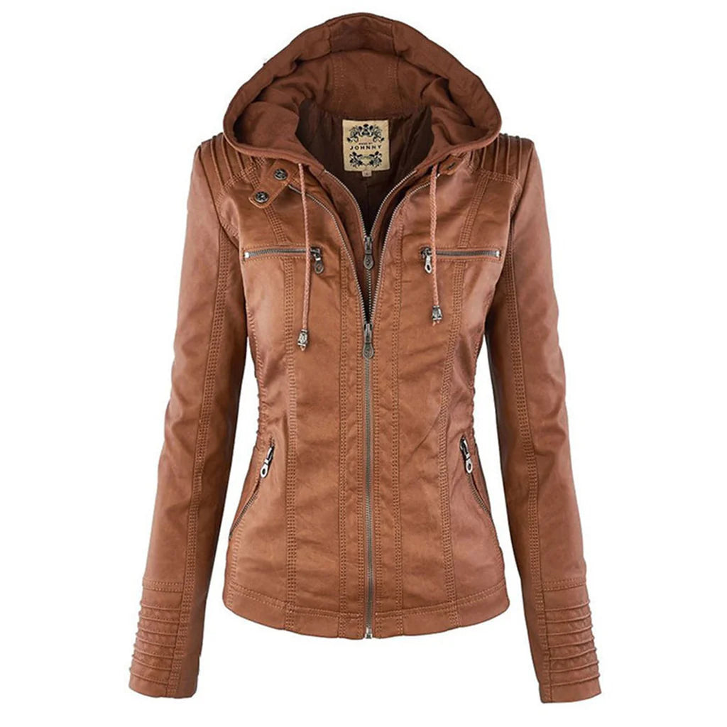 Amélie - Veste en cuir pour femme avec capuche