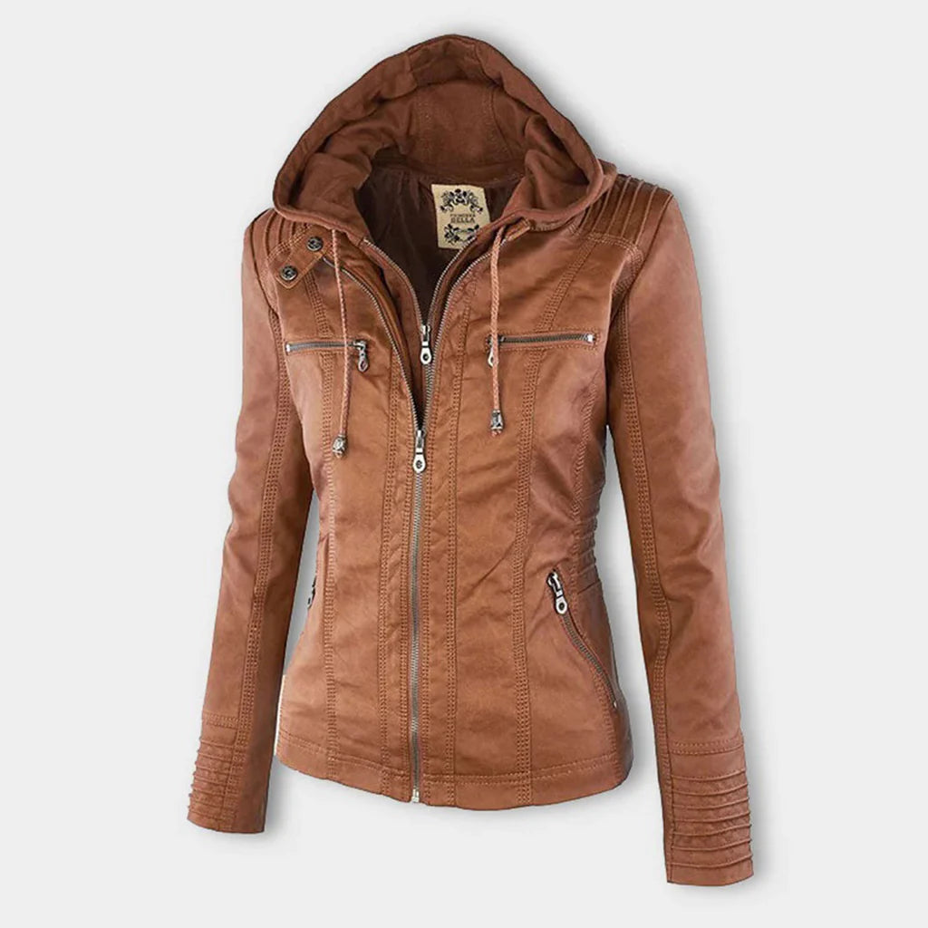 Amélie - Veste en cuir pour femme avec capuche