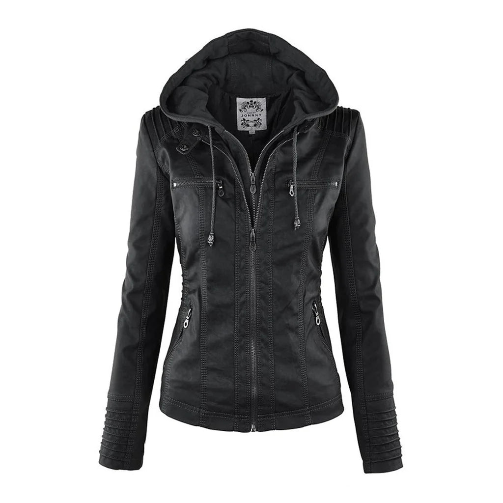 Amélie - Veste en cuir pour femme avec capuche