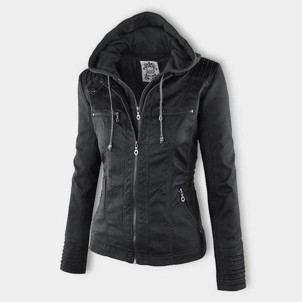 Amélie - Veste en cuir pour femme avec capuche