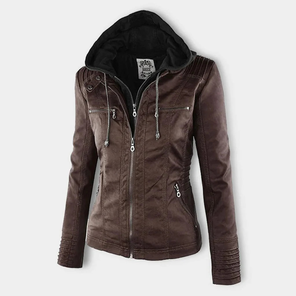Amélie - Veste en cuir pour femme avec capuche
