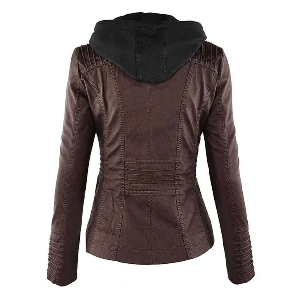 Amélie - Veste en cuir pour femme avec capuche