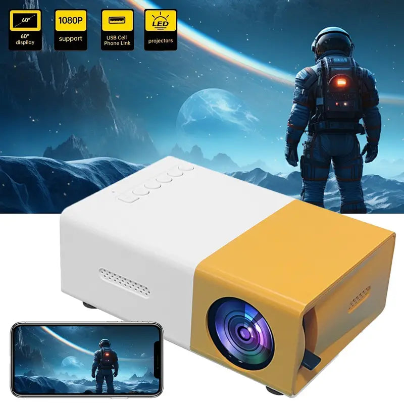 BrightBeam - Mini Projecteur LED Compact avec Haut-Parleurs, Portable pour Maison, Camping & Bureau, Compatible USB/SD/AV/HD