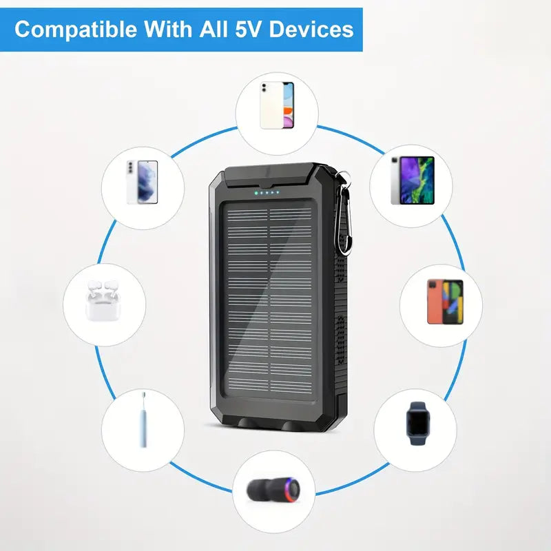 Banque d'Alimentation Solaire Ultra-Haute Capacité 8000mAh – Chargeur Solaire Portable avec Double Lampe LED