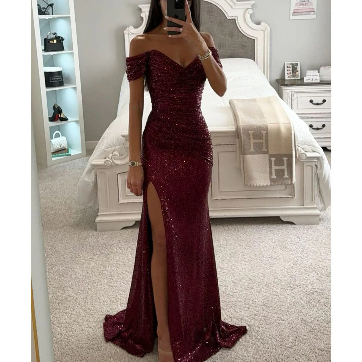 Robe de Soirée d'Été pour Femme – Robe Maxi Sans Épaules avec Paillettes et Fente pour Mariage et Fête - Clara