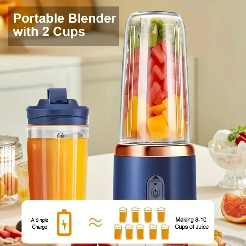 Blender et Extracteur de Jus 2-en-1 Portable, 6 Lames, Chargement USB, Double Tasses
