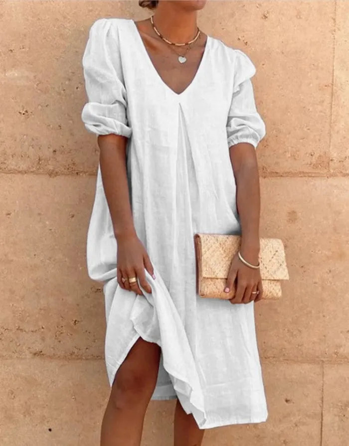 Élina | Robe D'été Décontractée À Col V Et Manches Bouffantes Pour Femmes