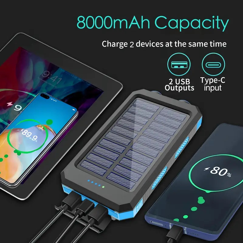 Banque d'Alimentation Solaire Ultra-Haute Capacité 8000mAh – Chargeur Solaire Portable avec Double Lampe LED