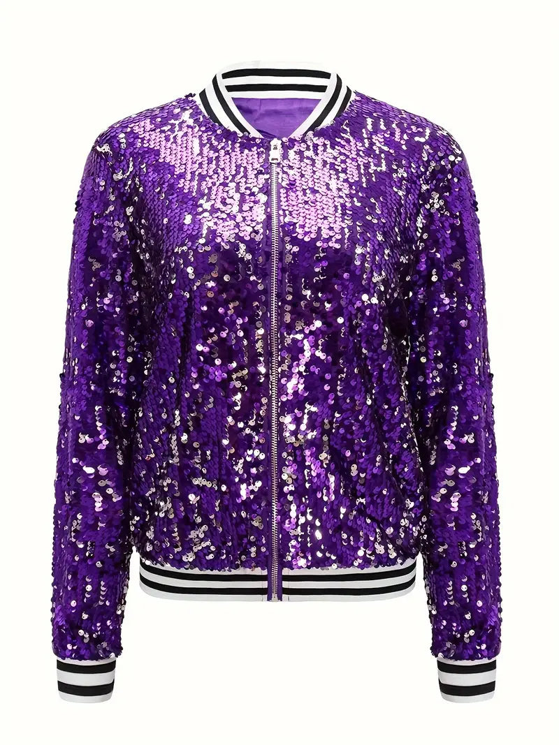 Veste Bomber à Rayures avec Sequins Contrastés – Veste Zippée Streetwear pour Femme – SparkStripe