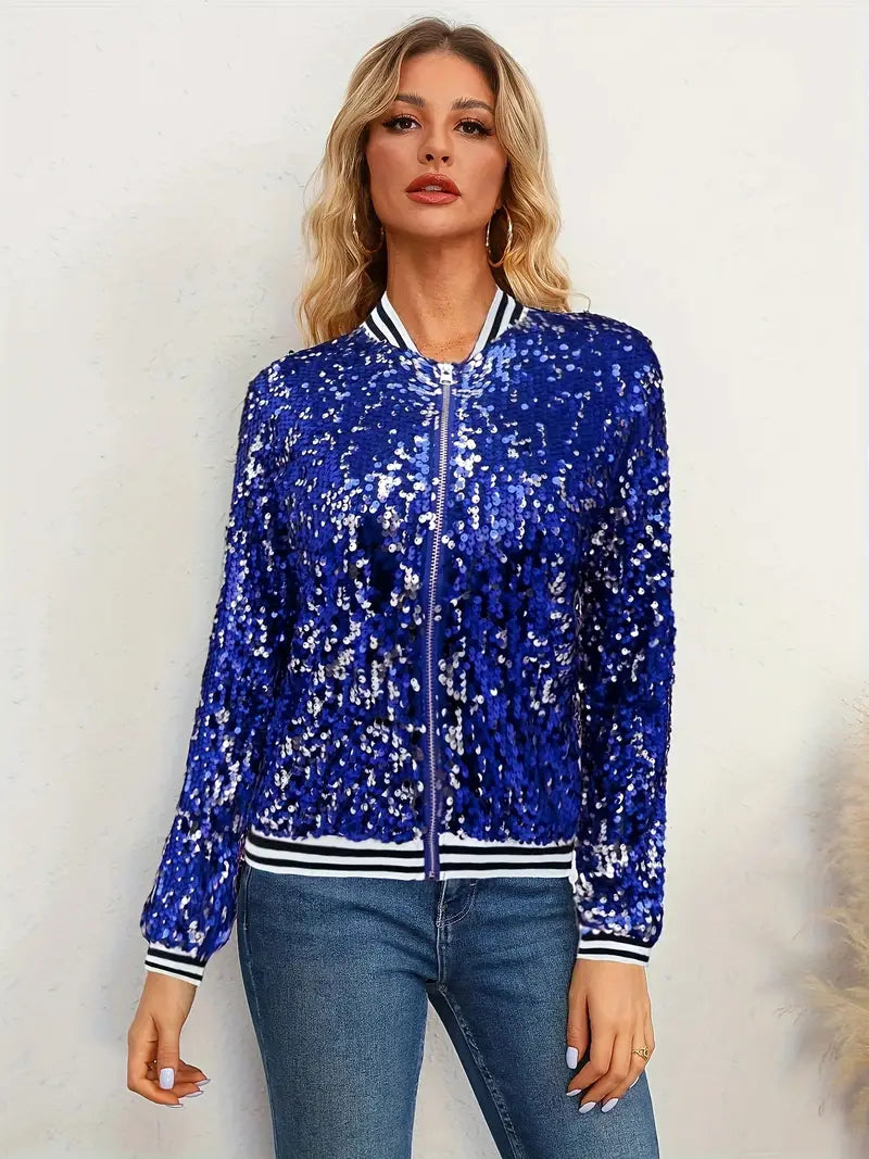 Veste Bomber à Rayures avec Sequins Contrastés – Veste Zippée Streetwear pour Femme – SparkStripe