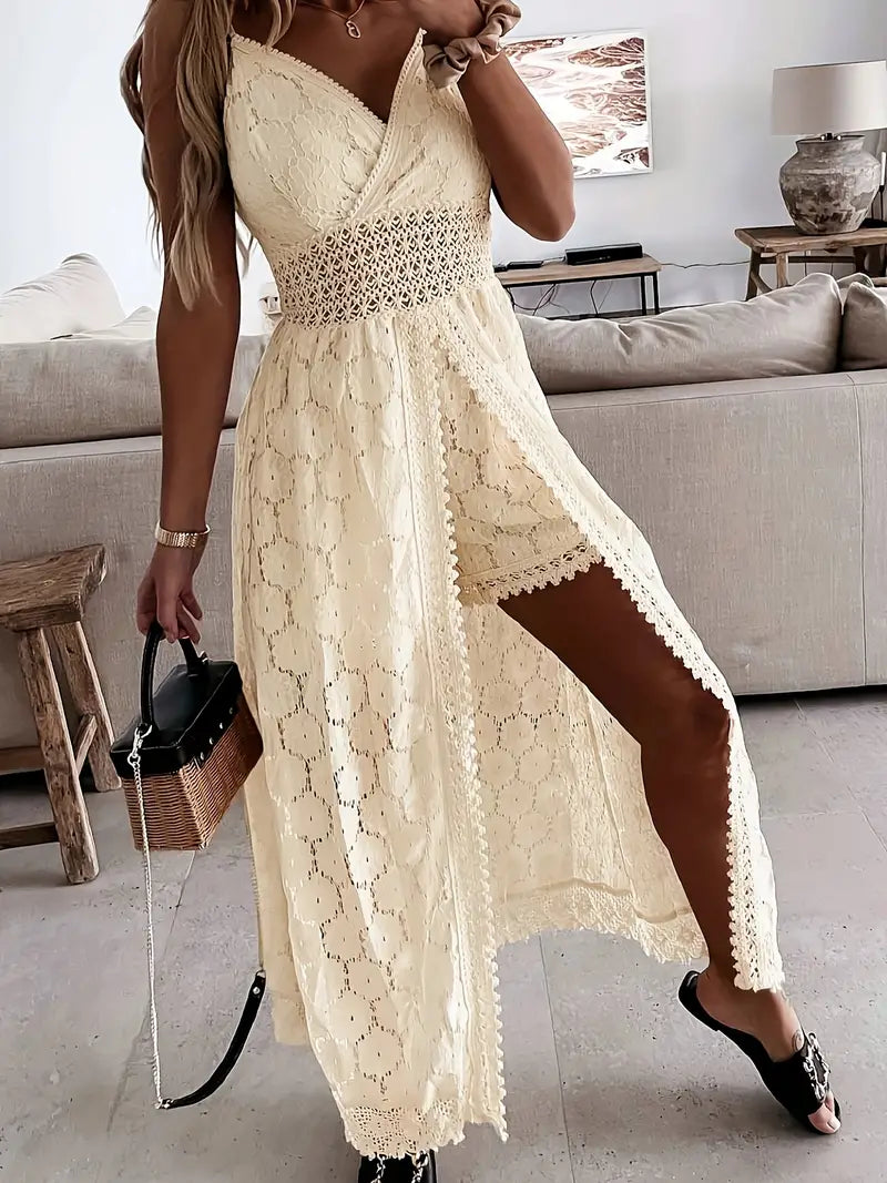 Combinaison Élégante en Dentelle pour Femme – Col en V, Longue, Sans Manches, Couleur Unie – Vneck Elegance