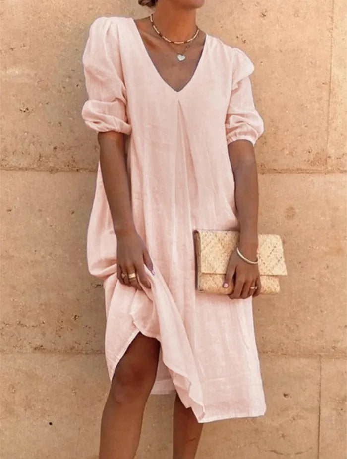 Élina | Robe D'été Décontractée À Col V Et Manches Bouffantes Pour Femmes